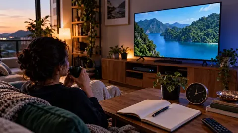 Pessoa no sofá diante de televisão com lago; caderno, celular e relógio sobre a mesa.