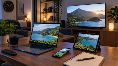 Televisão e diferentes telas com paisagens naturais, celular e caderno sobre móveis de sala.