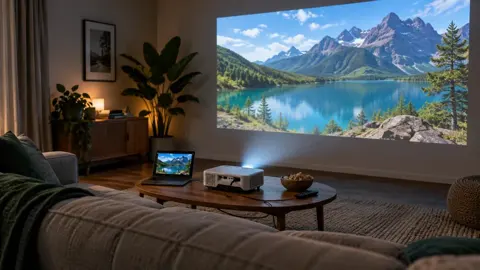Projetor e notebook sobre mesa de centro, com paisagem de lago entre montanhas projetada na parede.