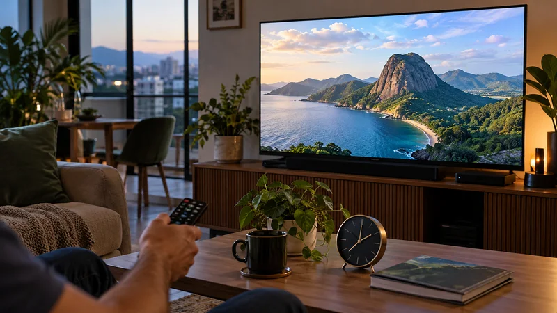 Pessoa com controle diante de televisão com paisagem costeira, caderno e relógio na mesa.