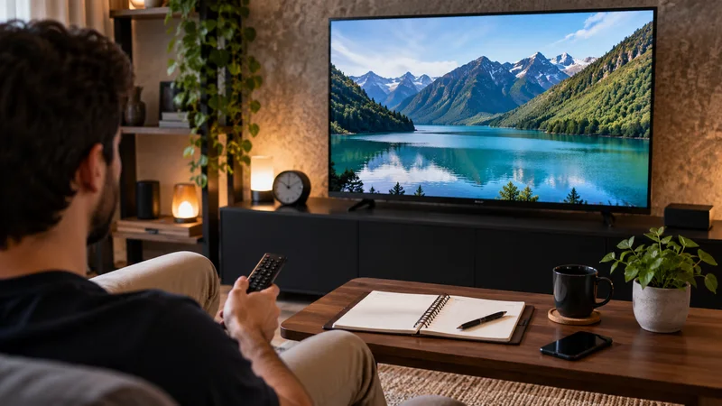 Pessoa com controle diante de televisão com montanhas; caderno e caneca sobre a mesa.