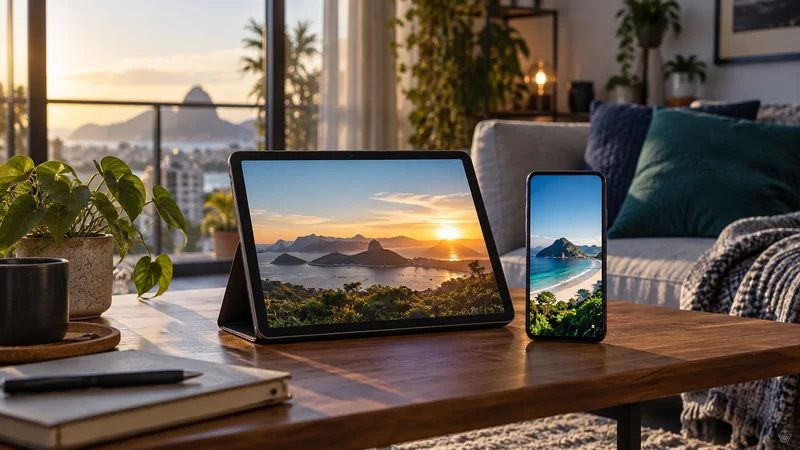 Tablet e celular com paisagens ao pôr do sol, caneca e caderno sobre mesa de centro.