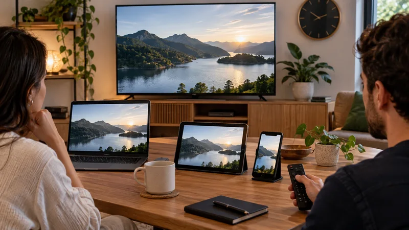 Duas pessoas diante de televisão, notebook, tablet e celular com paisagens naturais.