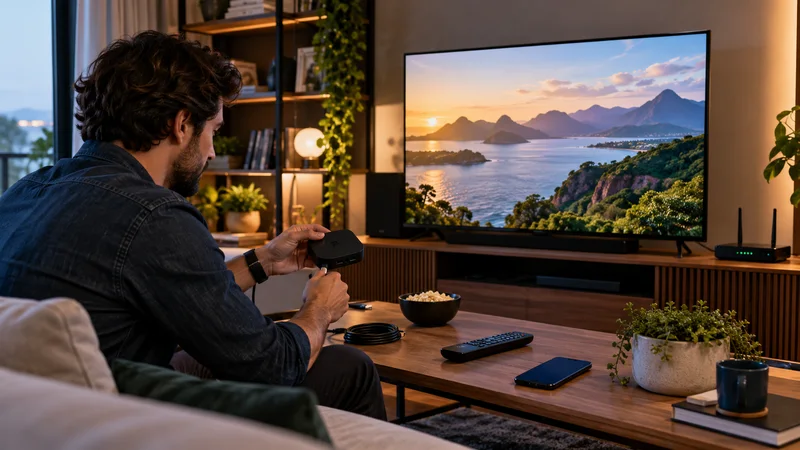 Pessoa segurando pequeno aparelho diante de televisão com paisagem ao pôr do sol.