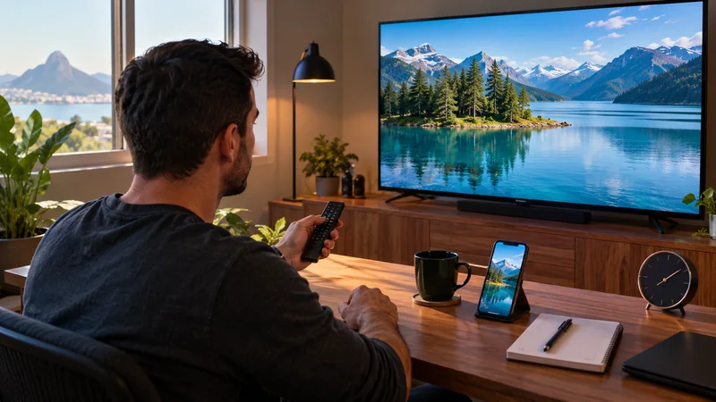 Pessoa com controle diante de televisão com lago, celular apoiado sobre a mesa.